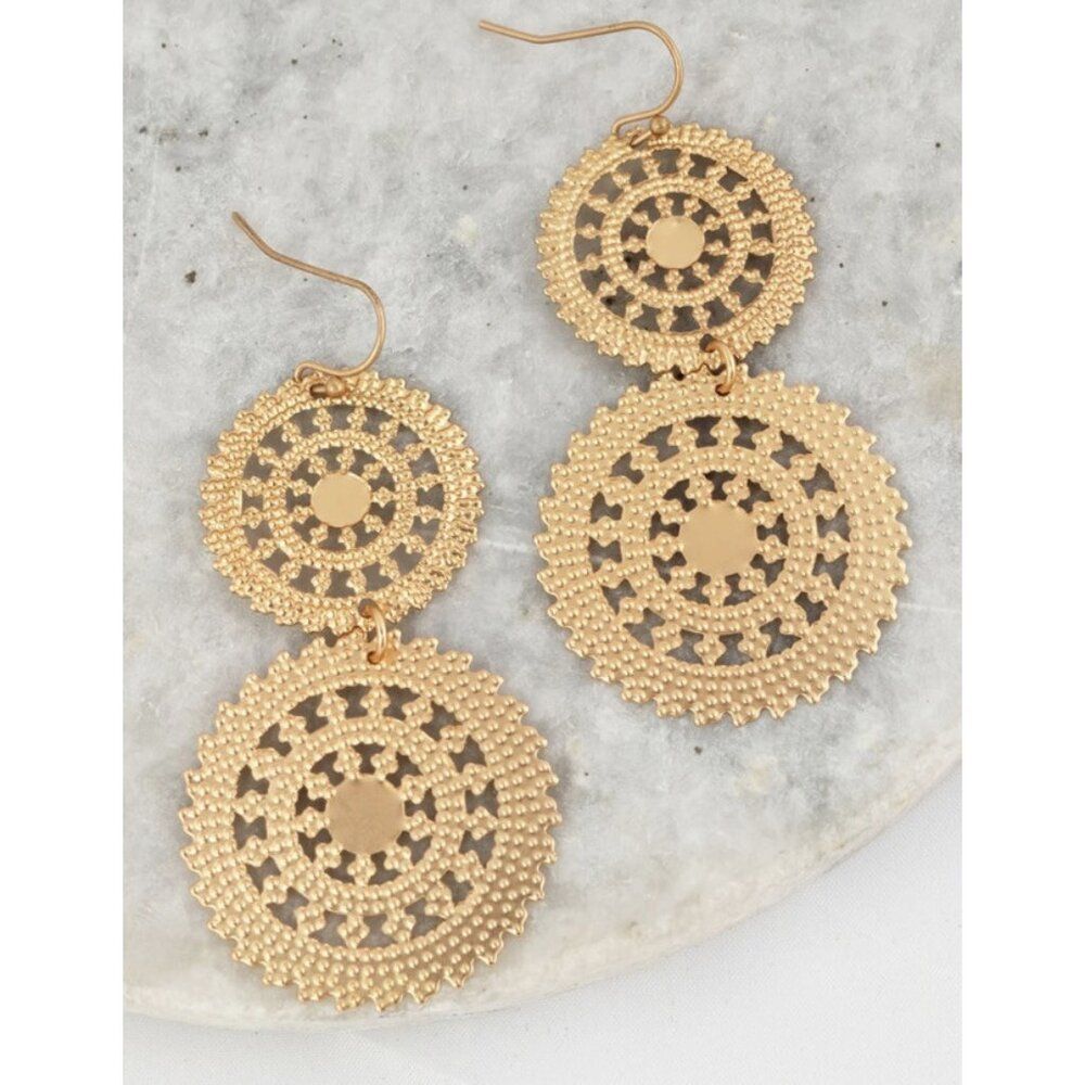 Gold tone Double Circle gears wheel Hook  Earrings Light Weight Coin
